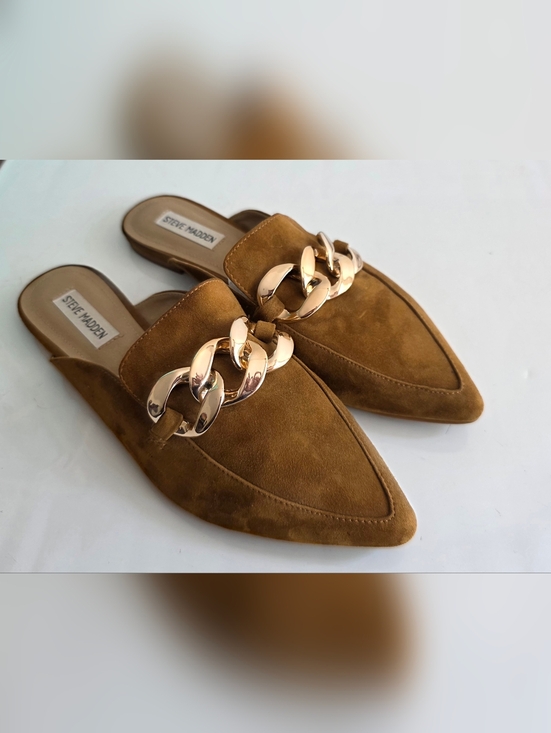 Steve Madden Tan Suede Chain-Trim Mules. - Picture 5 of 11